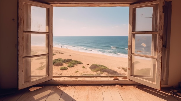 写真 開いた窓からの景色は白い砂浜を見下ろす