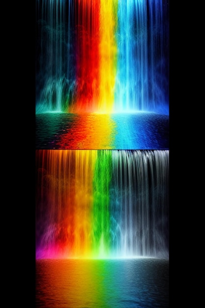 Фото Водопад, стекающий с горы, образует красивую радугу.