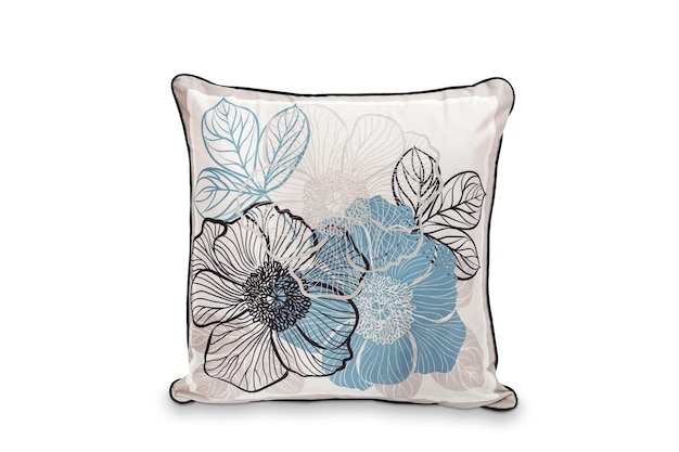 Фото Белая фирменная синяя цветочная подушка