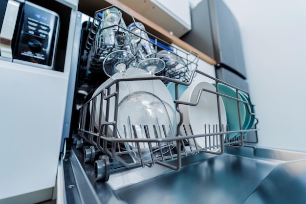 写真 白いキッチンと清潔な食器が入ったオープン食洗機