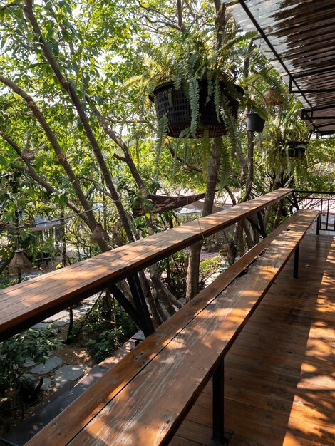 사진 긴 벤치와 열대 식물이 있는 나무 테라스는 2층에 있는 시골 집 앞면에서 복사 공간과 함께 휴식을 취할 수 있습니다.