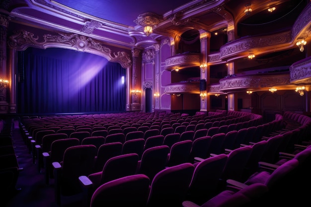 Theater auditorium met zitplaatsen en verlichting in blauwe tinten