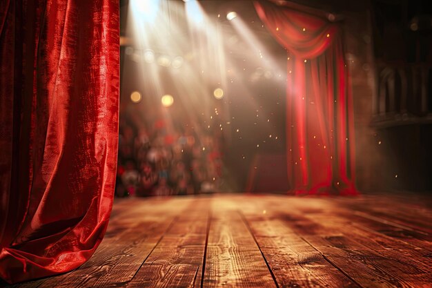 Photo theater curtain on wooden stage with smoke creating a magical atmosphere