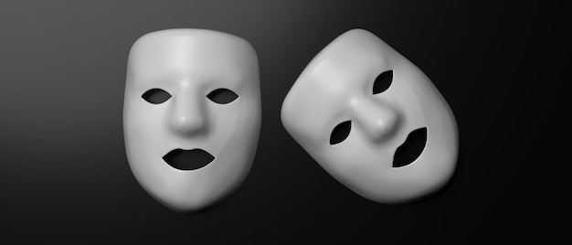 Theater disguise human face masks Two white opera masques on black background 3d illustration