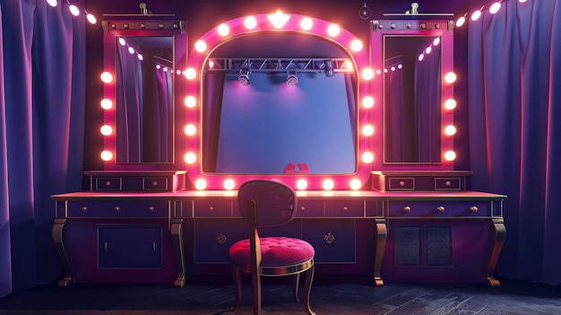 Theater makeup room with mirror for actress dressing Backstage assistant character with vintage folding screen in cloakroom Makeup illumination table concept near vintage folding screen