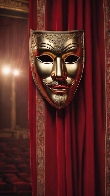 Theater mask on red curtain