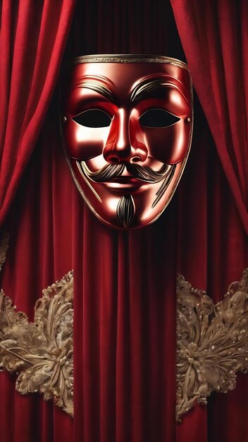 Theater mask on red curtain