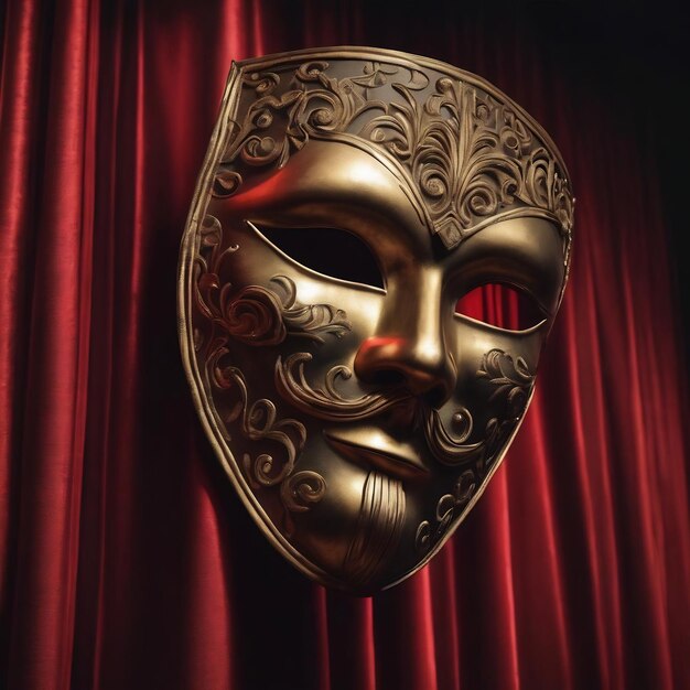 Theater mask on red curtain