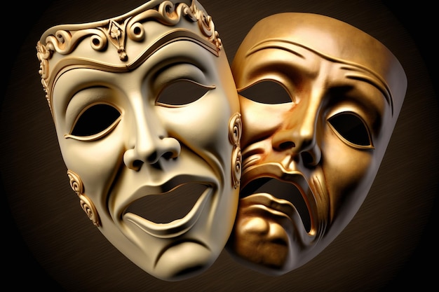 A theater mask with a gold face is next to a gold mask.