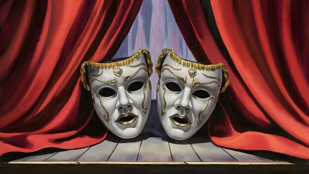 Theater masks drama and comedy with a red curtain as backdrop