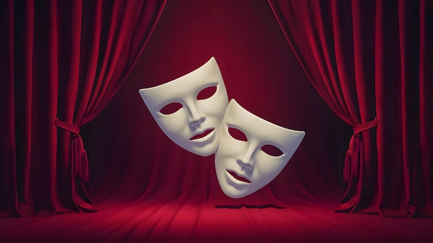 Theater masks drama and comedy with a red curtain as backdrop