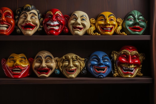 Photo theater masks on a shelf symbolizing comedy and tragedy