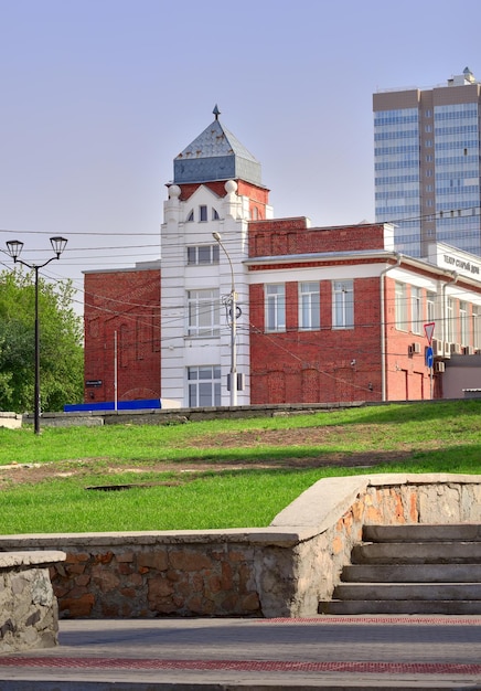 Theater of the Old House on the embankment Brick building in the style of romantic Art Nouveau