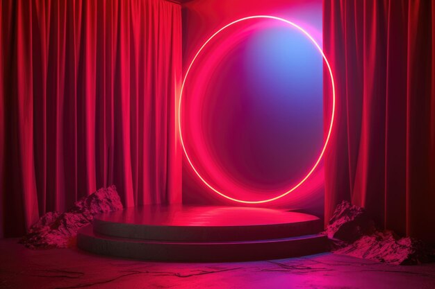 Photo theater red curtain and neon lamp around border