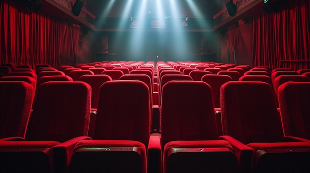 Theater seats illuminated by stage lighting in a cinema