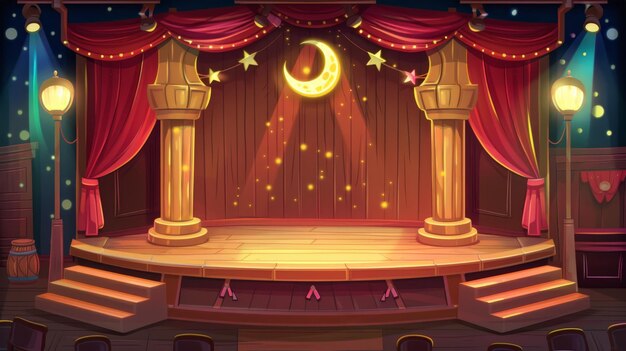 Photo theater stage empty scene with red curtains spotlights and decoration with a moon and a column modern illustration of theatre interior with wooden stage and velvet drapes