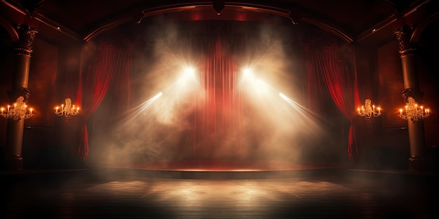 Foto lo sfondo luminoso del palco del teatro con i riflettori illuminava il palco per la rappresentazione dell'opera scena vuota con ambienti caldi colori nebbia fumo