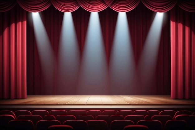 Photo theater stage with maroon red curtain with spotlight art performance background