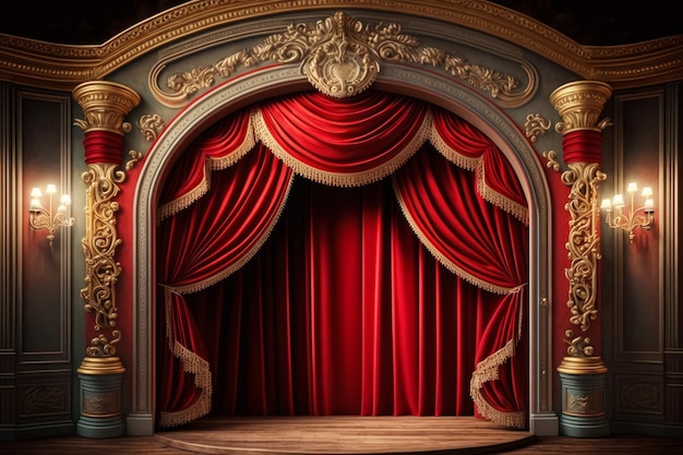 Theater stage with red curtain and gold trim Generative AI