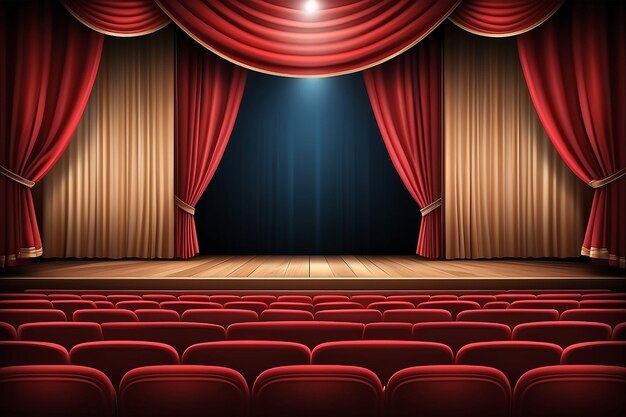 Theater stage with red curtain and seats photo realistic vector background