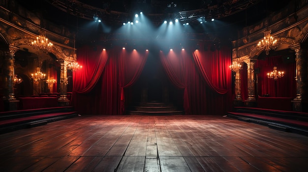 Theater stage with red curtain wooden floor chairs and lighting AI generative