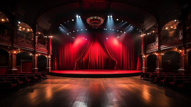 Theater stage with red curtain wooden floor chairs and lighting AI generative