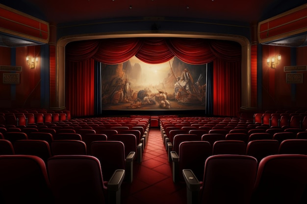 Theater stage with red curtains and seats 3d render