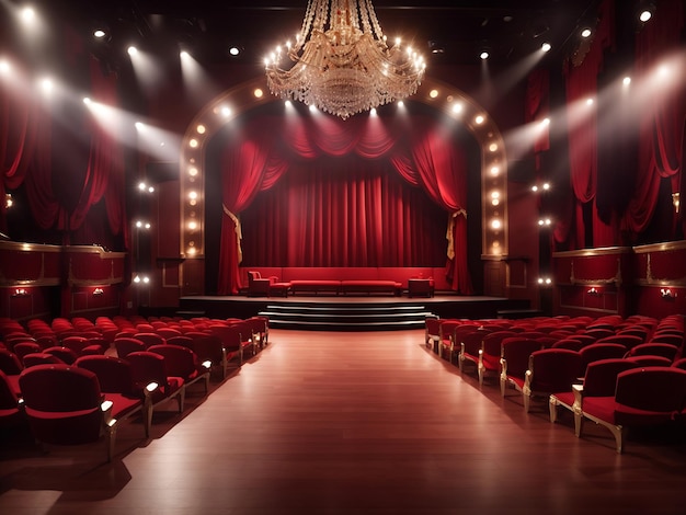 赤いカーテンのスポットライトと空席の列の劇場ステージ