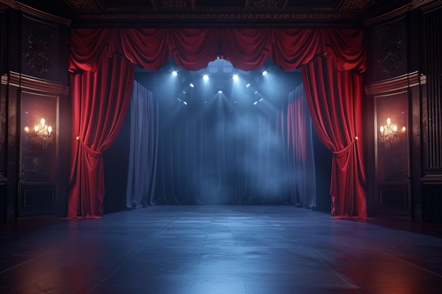 赤いカーテンとスポットライトの劇場ステージ 軽い背景の劇場シーン