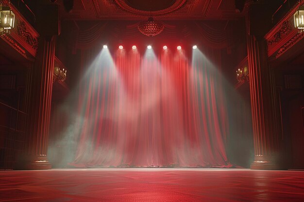 Theater stage with red curtains and spotlights Theatrical scene in the light background