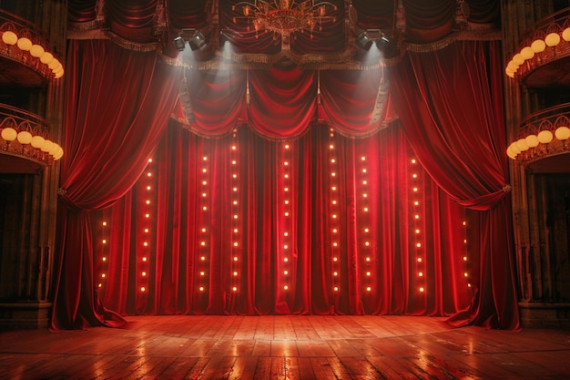 Foto palco teatrale con tende rosse e proiettori scena teatrale sullo sfondo luminoso