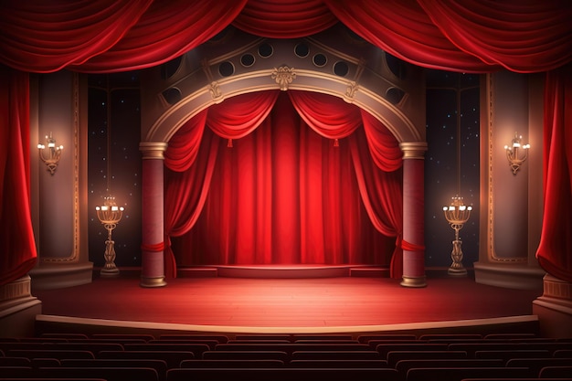 Театральная сцена с красными занавесками и прожекторами