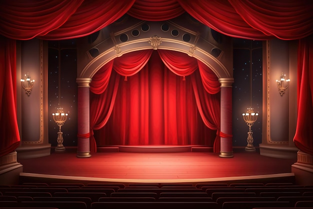 Theater stage with red curtains and spotlights