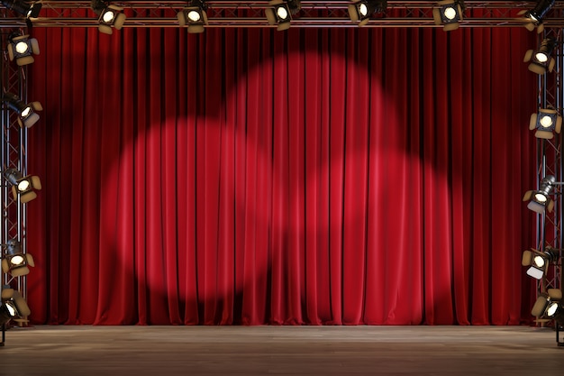 Theater stage with red velvet curtains and spotlights