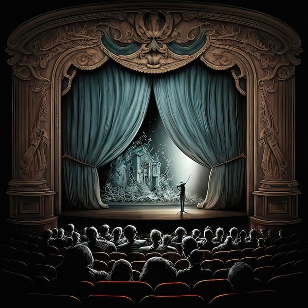 Theater with a guturistick curtain and stage with a gold trim around the seats and a gold framed doorway Elegant theatre Spotlights illuminate empty wooden stage with dark background Generative AI