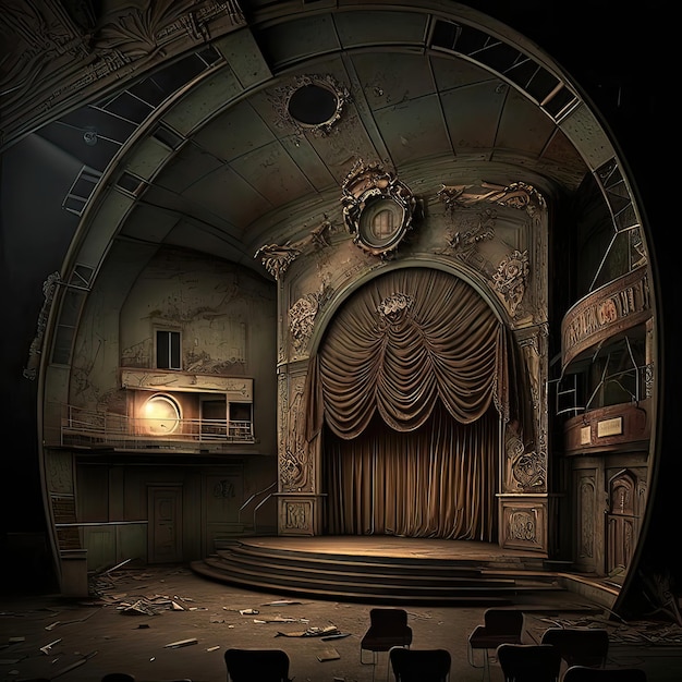 Photo theater with a guturistick curtain and stage with a gold trim around the seats and a gold framed doorway elegant theatre spotlights illuminate empty wooden stage with dark background generative ai