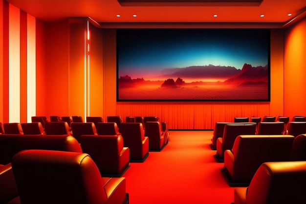 A theater with a large screen that says the word on it