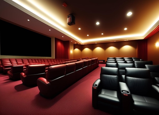 A theater with a red carpet and black leather chairs.