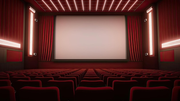 Театр с красным занавесом и большим экраном с надписью «кино».