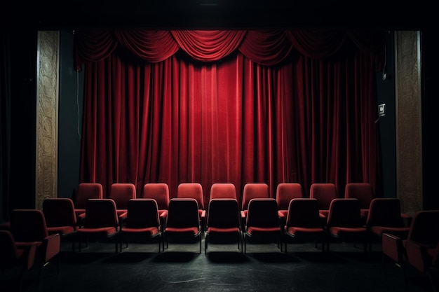 A theater with a red curtain and a red curtain.