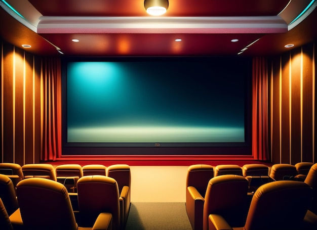 A theater with a red curtain and a screen that says'the movie is on it '