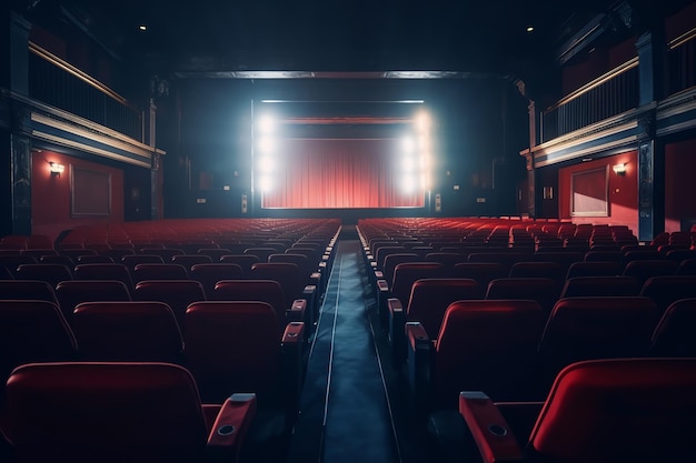 A theater with a red curtain and a stage