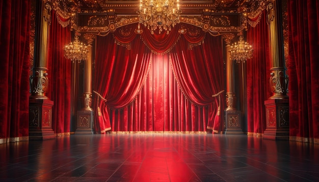 a theater with red curtains and gold trim