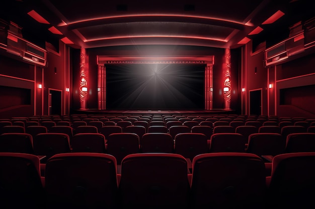 A theater with red lights and a screen that says'cinema '