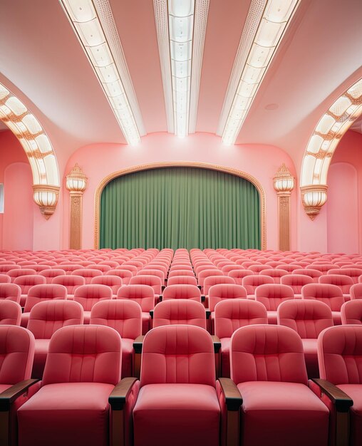 Photo a theater with red seats and a green curtain