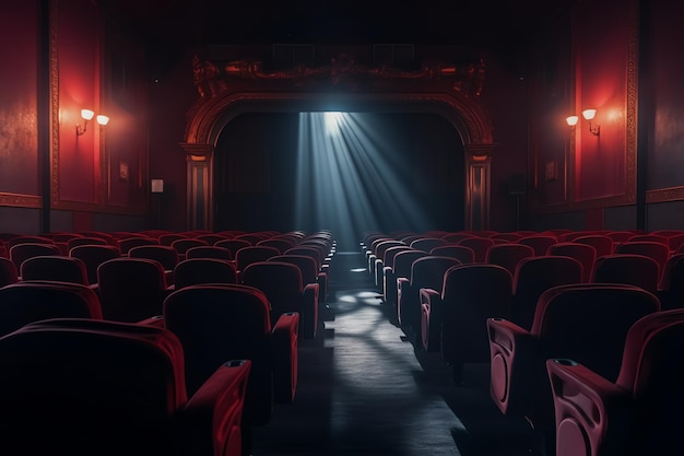 A theater with a stage and a light from the sun shining on it.