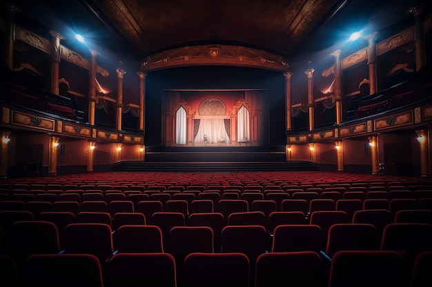 A theater with a stage and a red curtain