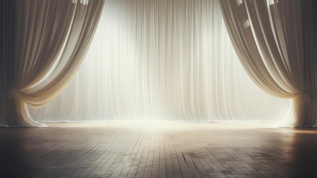 Theater with white curtains and wooden floor