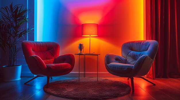 Theatergordijnen en banken in het interieur van een luxe bar