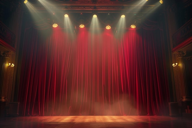 Theaterpodium met rode gordijnen en schijnwerpers Theatrale scène op de lichte achtergrond